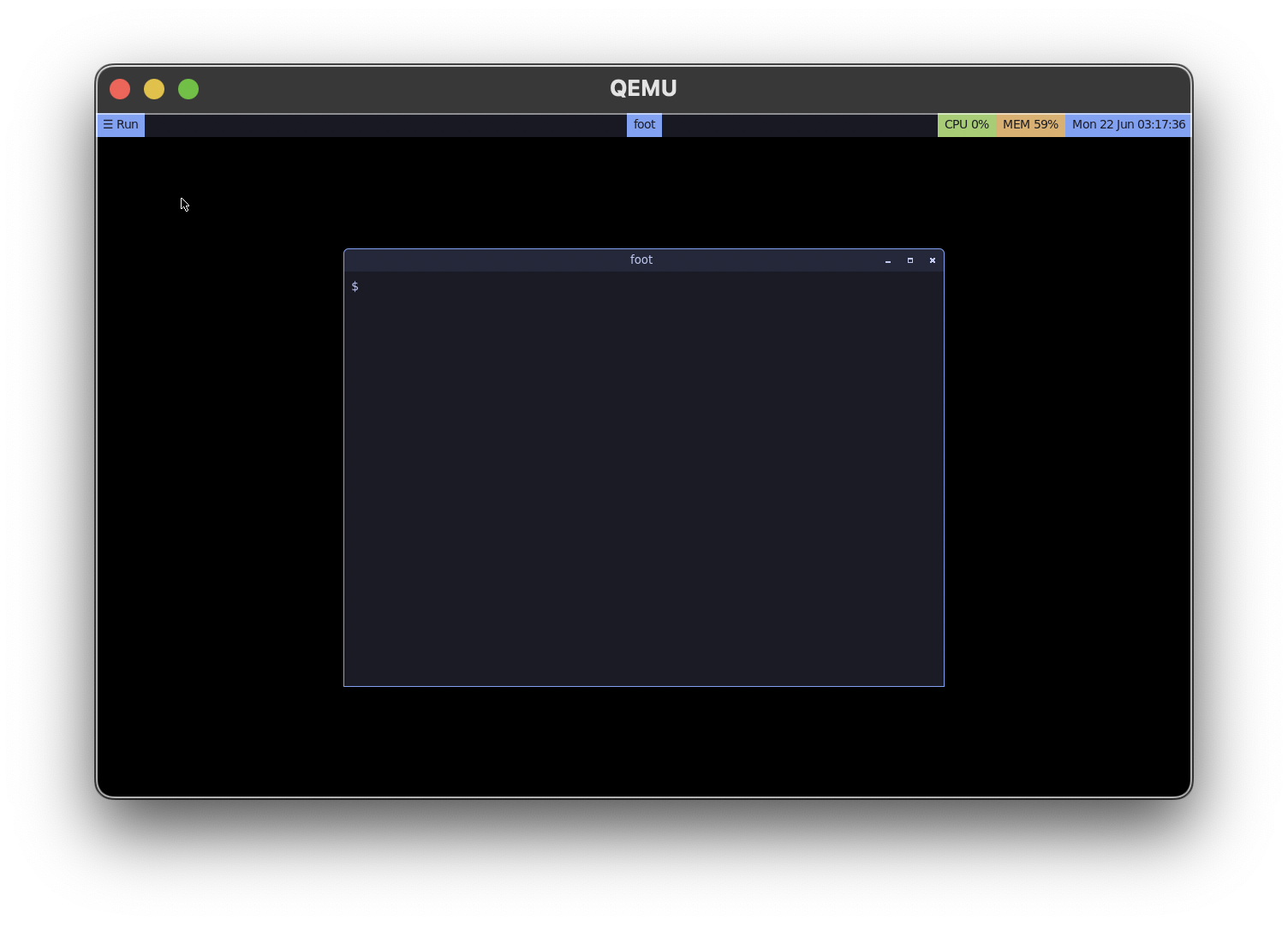 The GoNIX Wayland desktop running under QEMU: a labwc session with a yambar panel and a foot terminal.